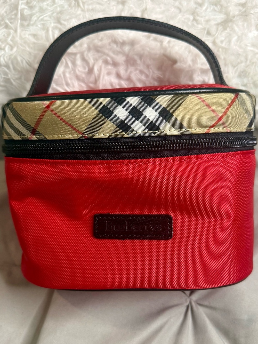 Burberrys Red Canvas Nova Check Vanity Bag / Cosmetic Case + COA